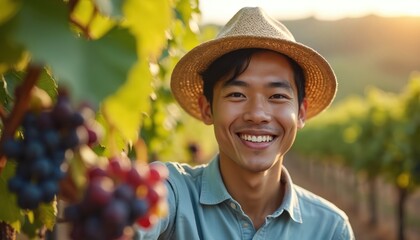 Obraz premium Asian farmer with straw hat smiles holding ripe grapes in vineyard during harvest. Man works on grape farm, sun shines on green leaves, organic fruit growing.