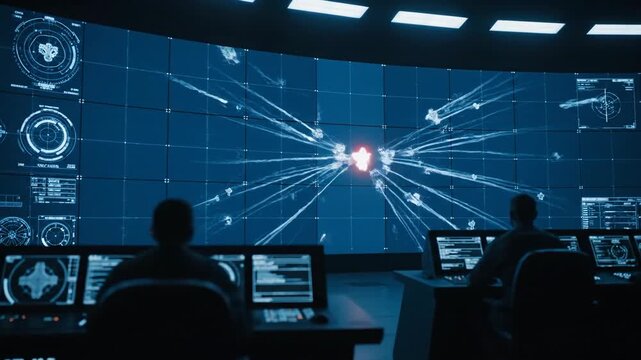 People watch a large screen with maps and data in a dark control room