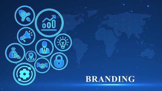 Global business strategy icons and world map on a blue gradient background with the word BRANDING Keywords: business, strategy, icons, world map, global, network, technology