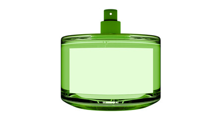 Obraz premium Green glass perfume bottle with blank label, realistic 3D render isolated on transparent background. Minimal cosmetic packaging mockup for branding, fragrance and luxury product design, png