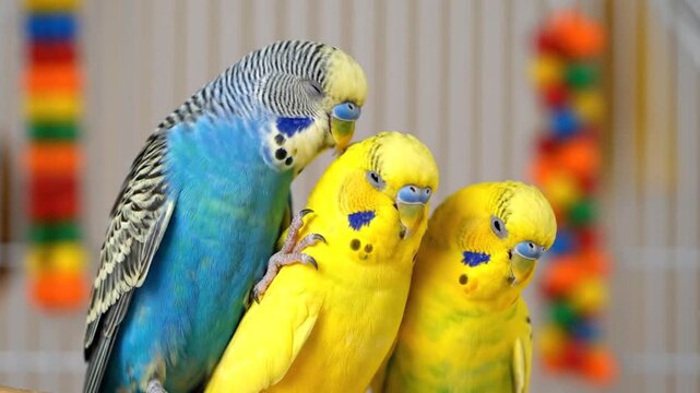 Three Colorful Budgerigars Perched Together in a Cage, Showing Affectionate Behavior.