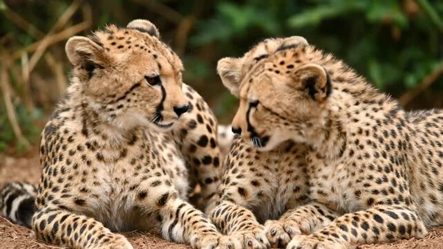 Three adorable cheetah cubs resting together in the wild, showcasing their beautiful spotted coats and playful interactions.
