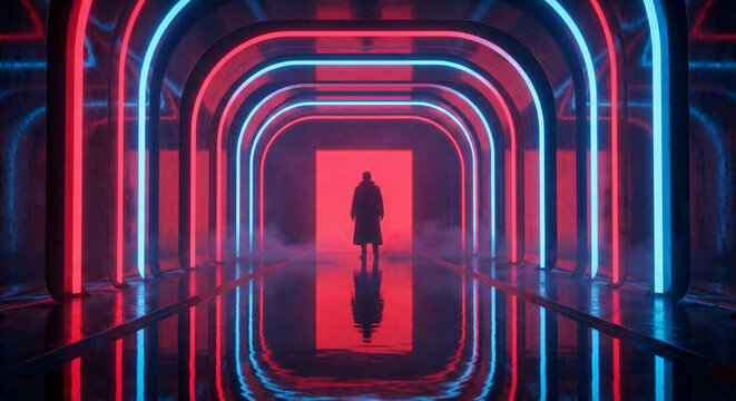 silhouette of a woman in a red corridor