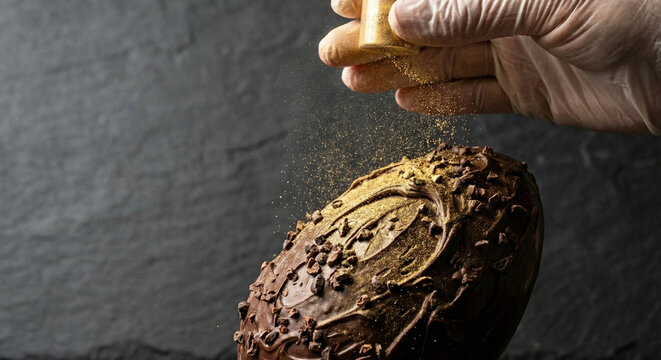 Pastry Chef Dusting Gold Powder on Artisanal Dark Chocolate Easter Egg