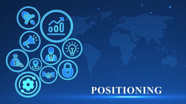 Global business strategy icons and world map on a blue gradient background with the word POSITIONING Keywords: business, strategy, icons, world map, global, network, technology