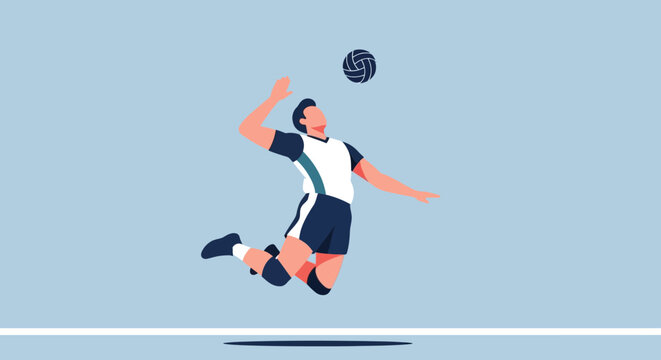 A male volleyball player in mid-air, spiking the ball with powerful jump, captured from a dynamic side viewpoint in a sports illustration