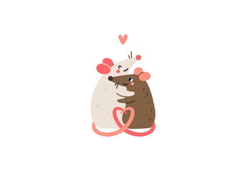 Fototapeta premium A cute illustration of two cartoon mice hugging, with a heart shape formed by their tails, symbolizing love and affection.