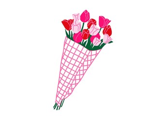 Illustration of a bouquet of pink and red tulips wrapped in a pink grid-patterned paper. The design is minimalistic with a soft color palette and clean lines.