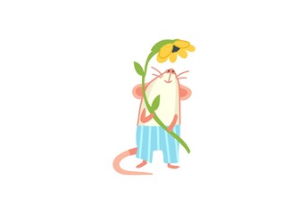 Obraz premium An illustration of a cute mouse wearing striped pants, holding a sunflower stalk. The playful and colorful design brings a whimsical and joyful feel, perfect for nature and character-themed projects.