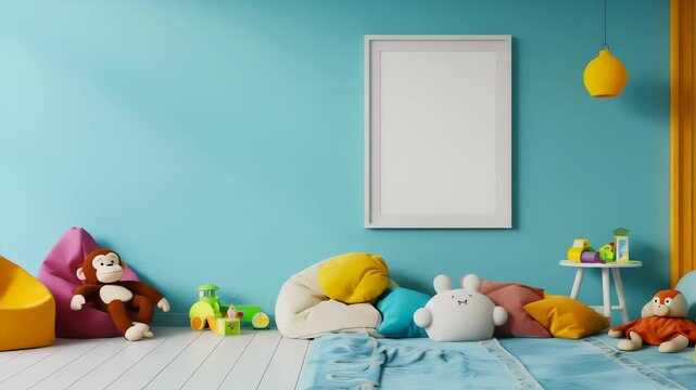 A vibrant and cheerful children's room interior with blue walls, a yellow door, and a cozy bed adorned with colorful bedding and stuffed animals. A blank picture frame awaits personalization.