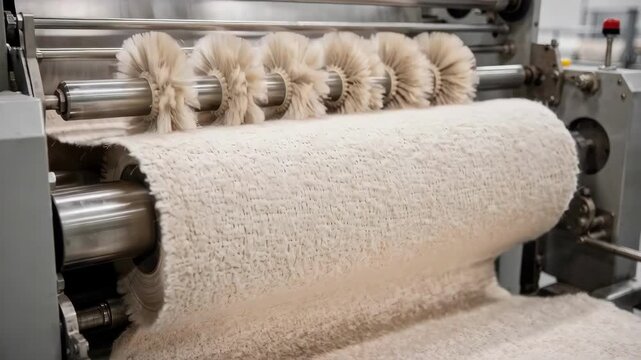 Medium shot capturing knitted textiles entering a softener unit highlighting the brushing process that adds a plush cozy handfeel to the fabric surface.