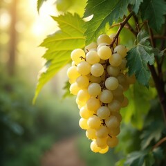Obraz premium Ripe white grapes hang from vine with green leaves. Water drops on berries in soft morning sunlight. Healthy fruit on blurred forest background.