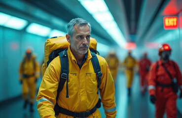 Fototapeta premium Team in yellow suits walks through tunnel with exit signs. Workers carry backpacks in emergency situation. People follow safety evacuation route. Preparedness for disaster response.