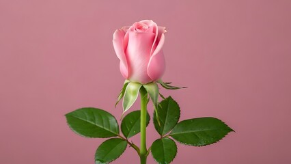 Single pink rose with green leaves