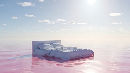Bed floating in serene sky