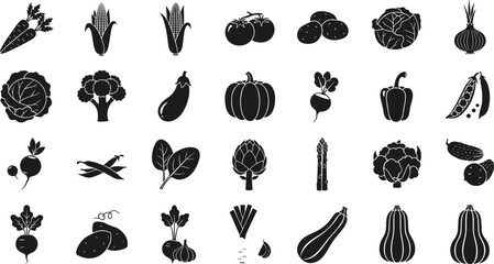 Variety of fresh vegetables and fruits in black silhouette style