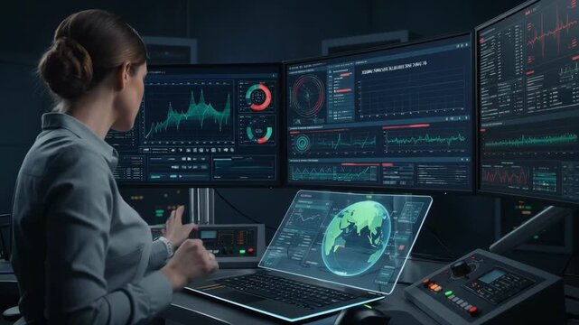 Technician reviewing graphs and alerts on a computer utilizing advanced software to monitor and predict seismic activity patterns underground.
