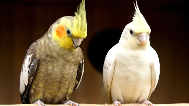 Two adorable cockatiel parrots perched together, showcasing their vibrant plumage and playful interaction.
