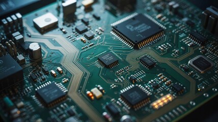 High Tech Circuit Board close up, macro. concept of information technology. Printed circuit board with components. close up, macro.