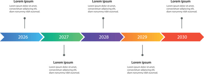 Horizontal Business Timeline Infographic Template - Five Year Roadmap with Colorful Chevron Arrows and Yearly Milestones