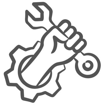 Hand holding wrench and gear, isolated on transparent background