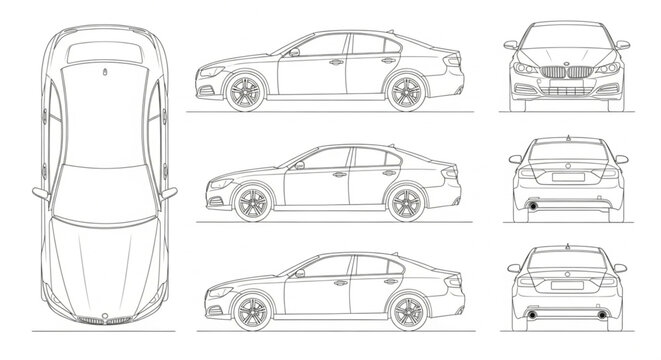 Car Blueprint Design Views Top Side Front Rear.