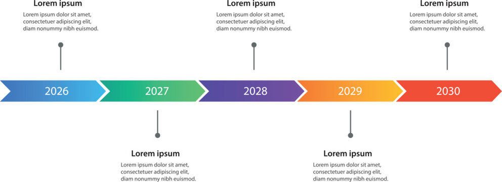 Horizontal Business Timeline Infographic Template - Five Year Roadmap with Colorful Chevron Arrows and Yearly Milestones