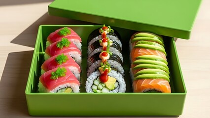 Assorted sushi rolls in a green box