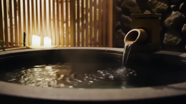 Tranquil scene of a hot spring bath with warm water flowing from a bamboo spout into a stone tub, illuminated by soft candlelight and surrounded by natural stone and wood.