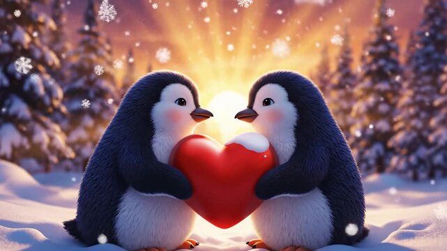 Heartwarming winter scene with two cute cartoon penguins holding a large red heart against a snowy sunset backdrop, ideal for seasonal advertising and romantic themes.