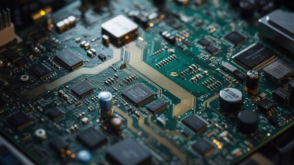 Fototapeta premium High Tech Circuit Board close up, macro. concept of information technology. Printed circuit board with components. close up, macro.