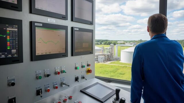Medium shot focusing on a biogas generation systems control panel and operator monitoring the renewable energy process in a rural setting.