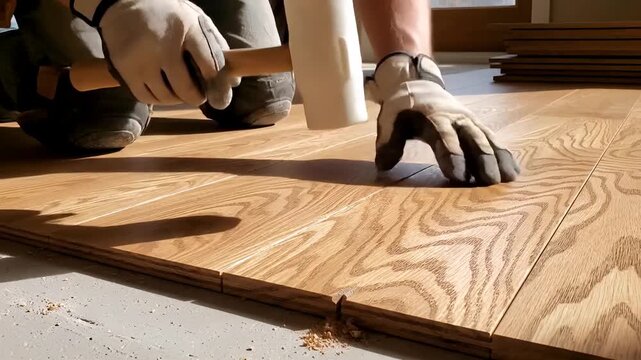 A worker in gloves and kneepads is installing new hardwood flooring planks in a room.