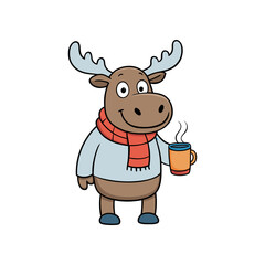 Fototapeta premium A friendly cartoon moose wearing a cozy scarf and holding a warm steaming mug
