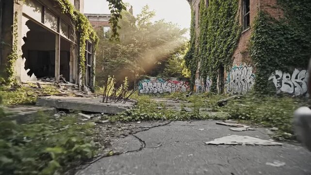 Abandoned building overgrown with vines and graffiti on walls.