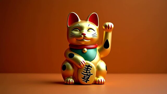 Traditional japanese lucky cat maneki neko waving paw, cultural talisman object, prosperity charm, asian business tradition, welcoming gesture