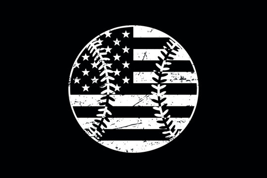 Grungy baseball with american flag design patriotic sport theme isolated on dark background vintage distressed texture symbolizing national pride and athleticism