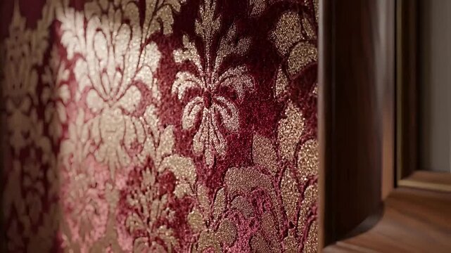 A rich, opulent red and gold damask fabric with an intricate Baroque pattern, showcasing classic luxury.
