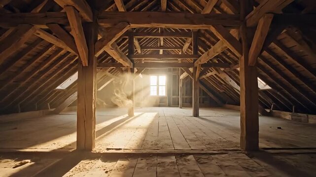 An empty, dusty attic with rustic wooden beams and dramatic light rays shining through a window.