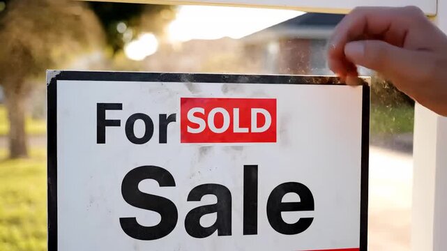 A person's hands are affixing a 'For Sale' sign on a post outside a house under bright sunlight.