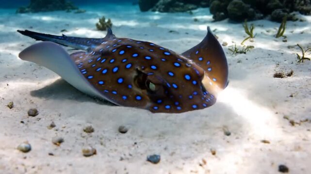 Stunning Close-Up of a Blue Spotted Stingray Resting on Sandy Seabed Underwater with Marine Life in View