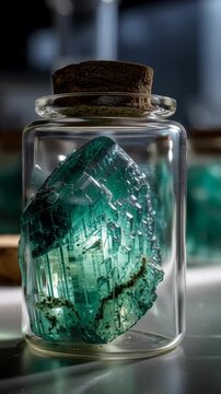 Emerald-green mineral crystal sealed in a glass vial with a cork stopper