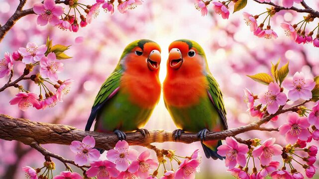 A beautiful moment of affection. Two colorful lovebirds facing each other on a branch surrounded by bright pink sakura flowers for romance and spring campaigns.