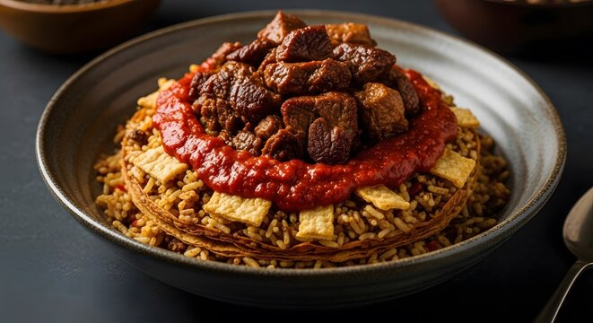 A hearty Middle Eastern beef and rice dish (like Riz Adaj or Maqluba) with tomato sauce and crispy bread in a bowl. Dinner .