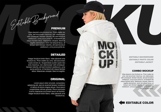 Rear View White Puffer Jacket Mockup on Female