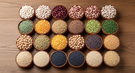 A Symphony of Grains: A beautiful, orderly presentation showcases a vibrant assortment of grains, legumes and seeds, arranged in individual wooden bowls, on a smooth wooden surface.