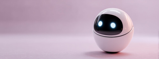 Obraz premium A cute robot on a pink background, with its eyes glowing bright