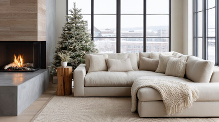 Fototapeta premium Cozy living room scene featuring fireplace and Christmas tree.