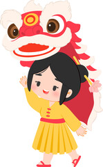 Cute Chinese New Year Girl Performing Lion Dance Illustration