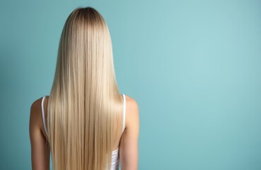 Naklejka premium Woman shows off her long straight blonde hair from behind. Healthy silky smooth locks cascade down her back against pastel blue. Copy space for text.